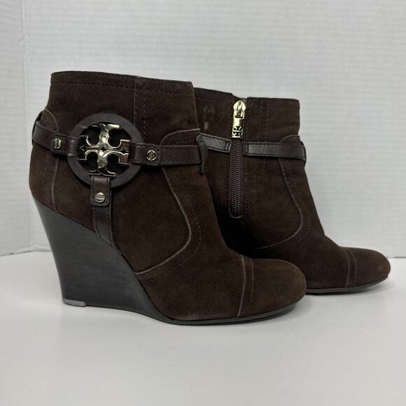 Tory Burch - Brown Suede "Aaden" Wedge Ankle Booties W/ Logo size 5.5 - Picture 3 of 11